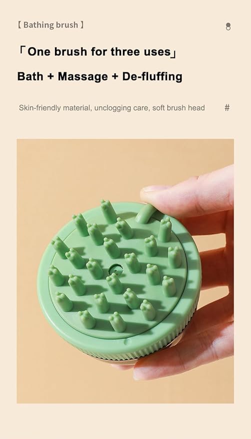 GERGOL - Dog Cat Bath Brush Comb Silicone Rubber Dog Grooming Brush Silicone Puppy Massage Brush Hair Fur Grooming Cleaning Brush Soft Shampoo Dispenser with release button 2 Replaceable Brush (Green)