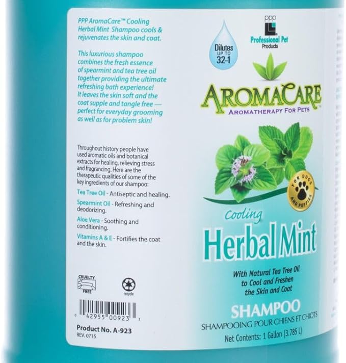 Professional Pet Products PPP AromaCare Cooling Herbal Mint Shampoo for Dogs - Spearmint & Tea Tree Oil - Natural Healing & Rejuvenating Wash for Skin and Coat - 1 Gallon