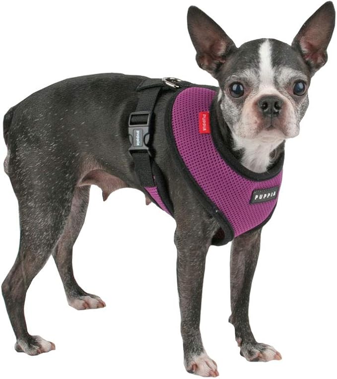Puppia Soft Dog Harness No Choke Over-The-Head Triple Layered Breathable Mesh Adjustable Chest Belt and Quick-Release Buckle, Purple, X-Small