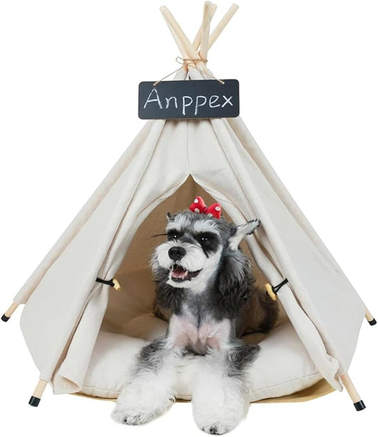 ANPPEX 24-Inch Dog Teepee Tent Indoor,M Size Pet Tent Bed for Small Dogs and Cats,Indoor Dog House with Thick Cushion,White
