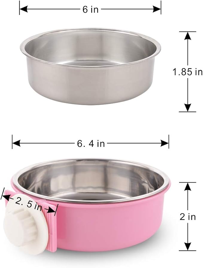 Crate Dog Bowl Removable Stainless Steel Water Food Feeder Bowls Cage Coop Cup for Cat Puppy Bird Pets (Large, Pink)