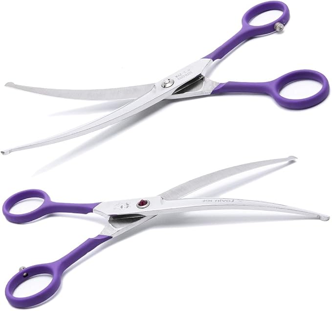 LovinPet Pet Grooming Scissors 7" Curved Right/Left-Handed Pet Round-Tip Grooming 6CR Stainless Steel Safety Trimming Shears for Dogs and Cats (Easy use Curved Scissor)
