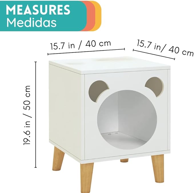 POLIPETS Side Table and House for Pets, Wooden Table for Pets, MDF Resistant Wood, Minimalist, Elegant and Resistant, Space Saving 20x16x16in, White