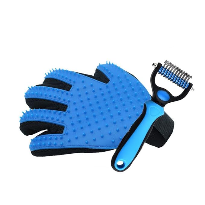 Blue Pet Grooming Glove for Right Hand and Deshedding Undercoat Rake Combo,Gentle Scrub Dematting Fur for Cats Dogs,Efficient Pet Hair Remover
