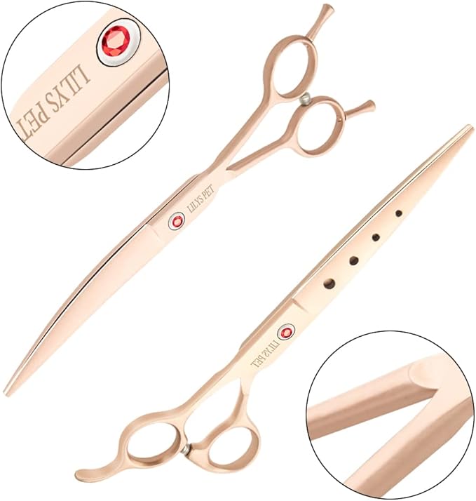 LILYS PET Professional PET DOG Grooming scissors Cutting&Curved&Thinning shears,Round Hole Design, Shark Teeth Thinning scissor (7", Gold)