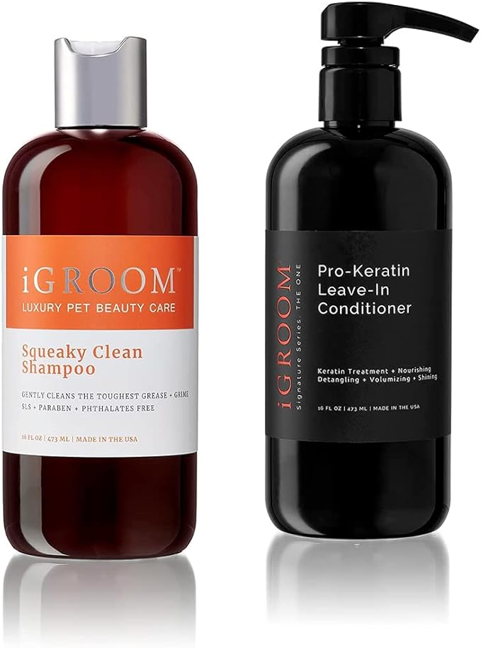 iGroom Dog Shampoo + Dog Conditioner Groomers Bundle - Squeaky Clean Dog Shampoo, Chamomile Extracts Sooth Skin, 16 oz - Pro-Keratin Leave-in Dog Conditioner, Excellent Detangling, 16 oz