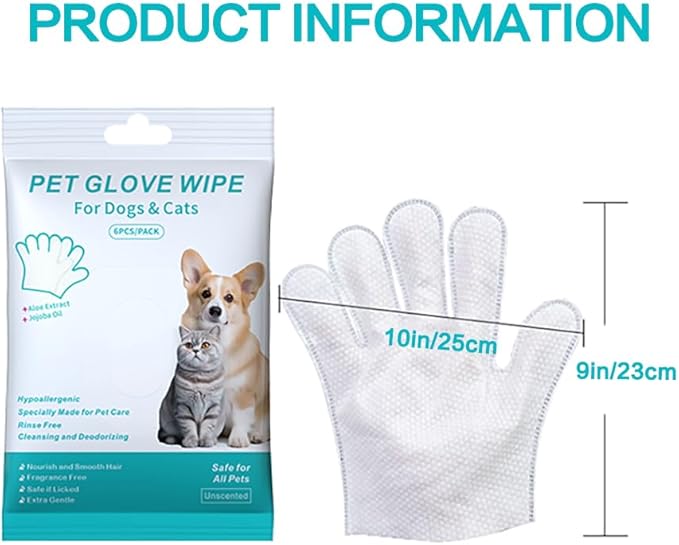 Cleaning Glove for Dog and Cat, Wipes Gloves for Dog and Cat Fur Face, Ear, Eye, Paws Cleaning Wipes Pet Wash Free Gloves, Grooming Wipes for Pet No Rinse Thick Dog Wipes Gloves(6 Pcs)