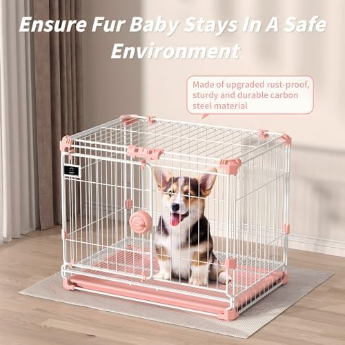 Dog Crate for Small Dogs Under 25lbs,24 inch Pink Thick Metal Dog Kennel Indoor Wire Cage with Double Door and Removable Tray for Pets,Puppy and Animal