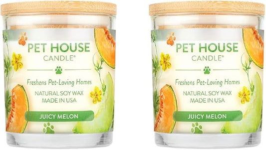 Pet House 9 oz Juicy Melon Scented Pet Odor Candle, Clean Burning, Long Lasting, Plant Based Spring, Summer Scented Soy Candles, 60 Hour Burn Time, Pack of 2