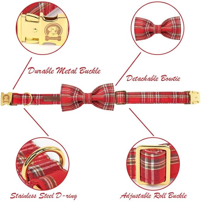 MR. CHUBBYFACE Red Plaid Dog Collar with Bowtie, Cotton Boy Girl Dog Collars with Metal Buckle Cute Christmas Collars for Puppy Small Medium Large Dogs