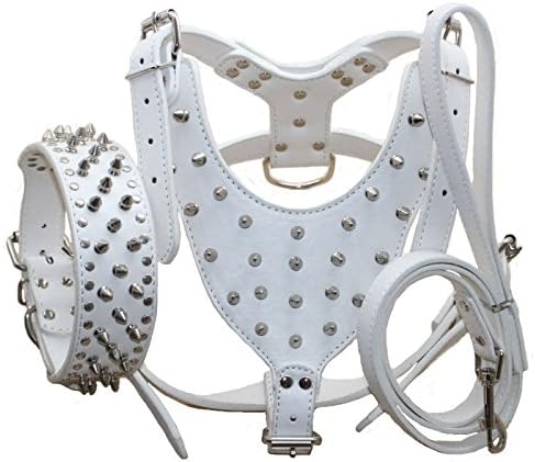 Leather Spiked Studded Harnesses, Collars & Leashes 3Pcs Matching Set for Medium & Large Dogs Pitbull,Mastiff, Boxer, Bull Terrier (White, M)