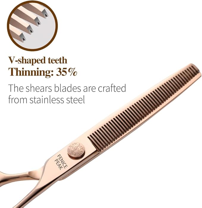 Fenice Peak Thinning Dog Grooming Scissors Champagne Gold 440C Stainless Steel Thinning Shears for Dogs and Cats 35% Thinning Rate