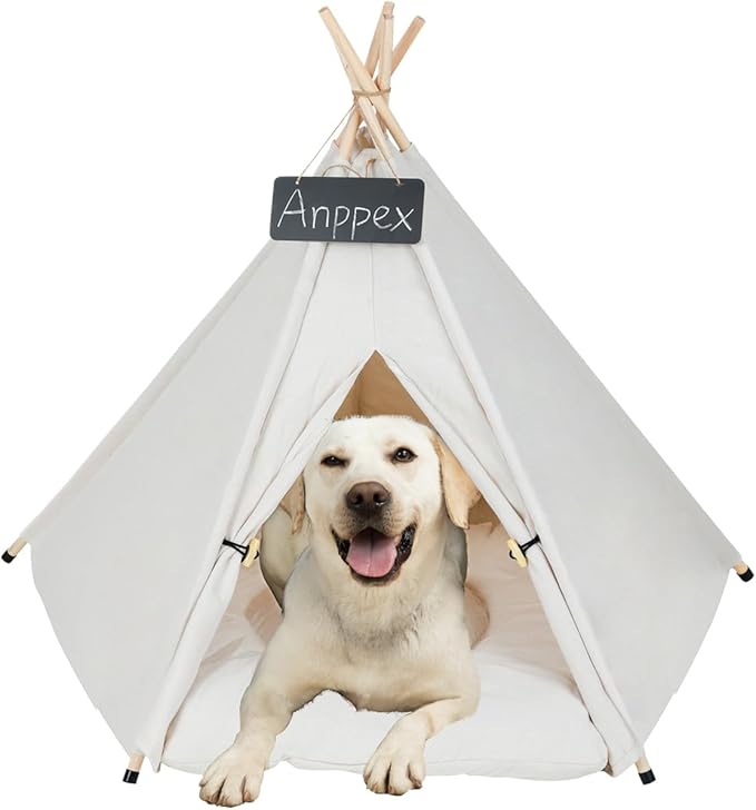 ANPPEX 32-Inch Dog Teepee Tent Indoor,XL Size Pet Tent Bed for Large and Medium Dogs,Indoor Dog House with Thick Cushion,White