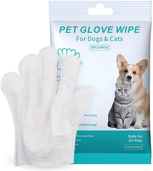 Cleaning Glove for Dog and Cat, Wipes Gloves for Dog and Cat Fur Face, Ear, Eye, Paws Cleaning Wipes Pet Wash Free Gloves, Grooming Wipes for Pet No Rinse Thick Dog Wipes Gloves(6 Pcs)