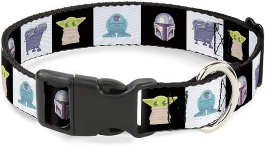 Star Wars Pet Collar, Dog Collar Plastic Buckle, Star Wars Mandalorian 4 Character Pose Blocks, 9.5 to 14.5 Inches 0.5 Inch Wide