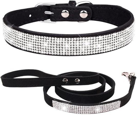 Bling Small Dog Collar Leash Set, Puppy Collar with Rhinestone Crystal Diamond Glitter Female Girls Cat Collars for XXS XS Small Medium Large Dogs Chihuahua Poodle Yorkshire (Black XL)