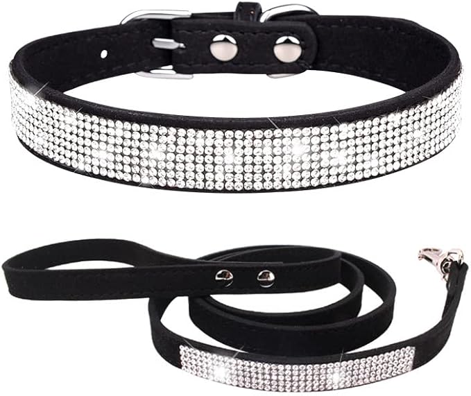 Bling Small Dog Collar Leash Set, Puppy Collar with Rhinestone Crystal Diamond Glitter Female Girls Cat Collars for XXS XS Small Medium Large Dogs Chihuahua Poodle Yorkshire (Black XXL)