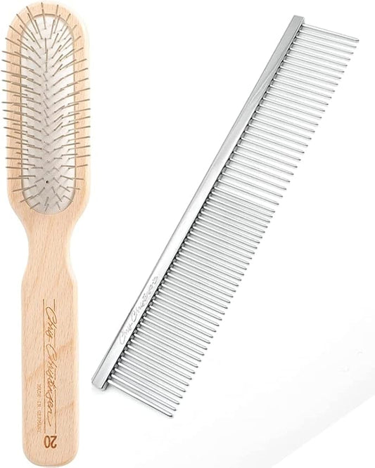 Chris Christensen Groomer's Bundle - 20 mm Original Series Oblong Pin Brush, Stainless Steel Pins, Beech Wood - 000 7.5 in. Greyhound Style Fine/Coarse Buttercomb, Stainless Steel, Prevents Friction