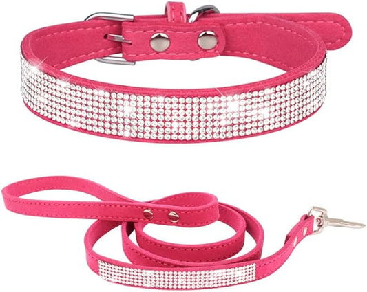 Bling Small Dog Collar Leash Set, Puppy Collar with Rhinestone Crystal Diamond Glitter Female Girls Cat Collars for XXS XS Small Medium Large Dogs Chihuahua Poodle Yorkshire (Rose XXS)