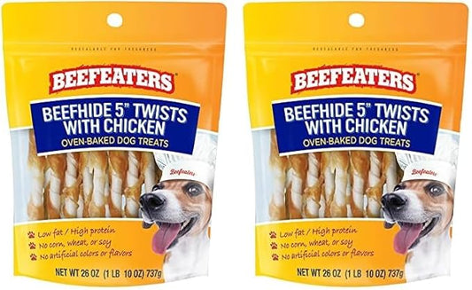 Beefeaters Dog Treats - Beefh 5in Twist with Chicken 26oz | Dog Food High Protein, Low Fat, Enriched with Vitamins & Minerals | Promotes Clean Teeth | Dog Training Treats for All Dog Sizes (Pack of 2)