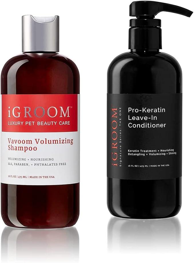 iGroom Dog Shampoo + Dog Conditioner Groomers Bundle - Vavoom Volumizing Dog Shampoo, Add Body and Volume, 16 oz - Pro-Keratin Leave-in Dog Conditioner, Excellent Detangling, 16 oz