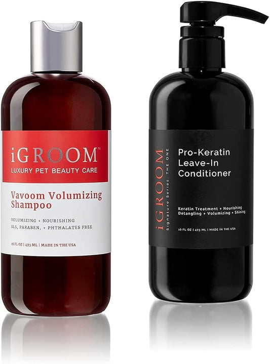 iGroom Dog Shampoo + Dog Conditioner Groomers Bundle - Vavoom Volumizing Dog Shampoo, Add Body and Volume, 16 oz - Pro-Keratin Leave-in Dog Conditioner, Excellent Detangling, 16 oz