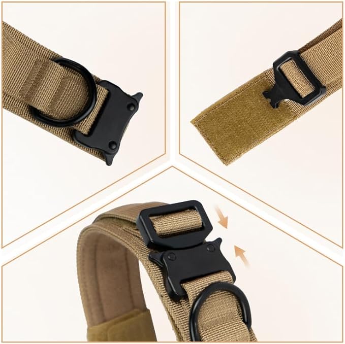 Tactical Dog Collar with Handle, Heavy Duty Military Dog Collar with Heavy Metal Buckle for Training, Adjustable Tactical Collars for for Medium and Large Dogs (M, Brown)