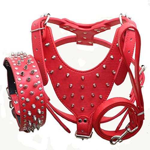 Leather Spiked Studded Harnesses, Collars & Leashes 3Pcs Matching Set for Medium & Large Dogs Pitbull,Mastiff, Boxer, Bull Terrier (Red, M)