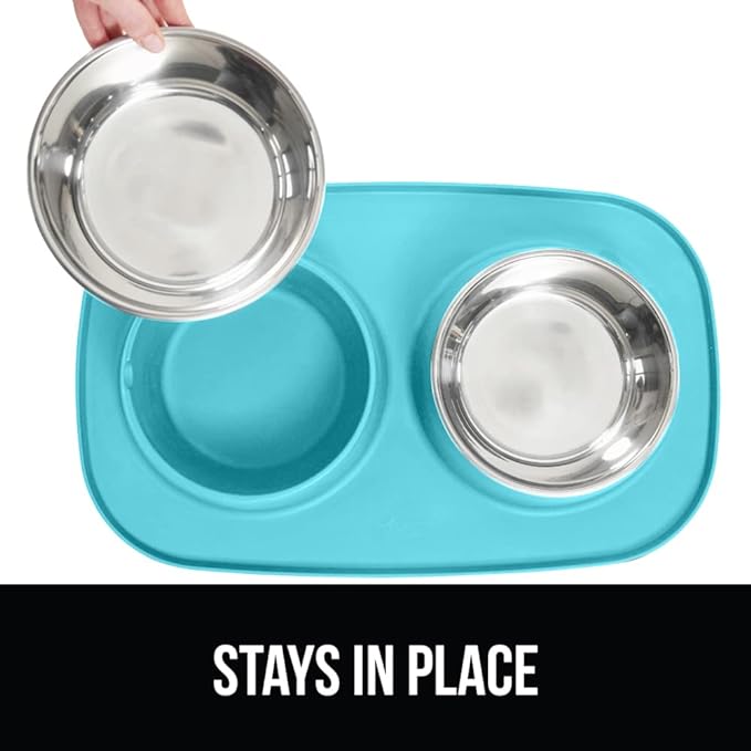 GORILLA GRIP Patent Pending 100% Waterproof BPA Free 4 Cup Cat and Dog Bowls Silicone Feeding Mat Set, Stainless Steel Bowl Slip Resistant Raised Edges, Catch Water, Food, Pet Accessories, Turquoise