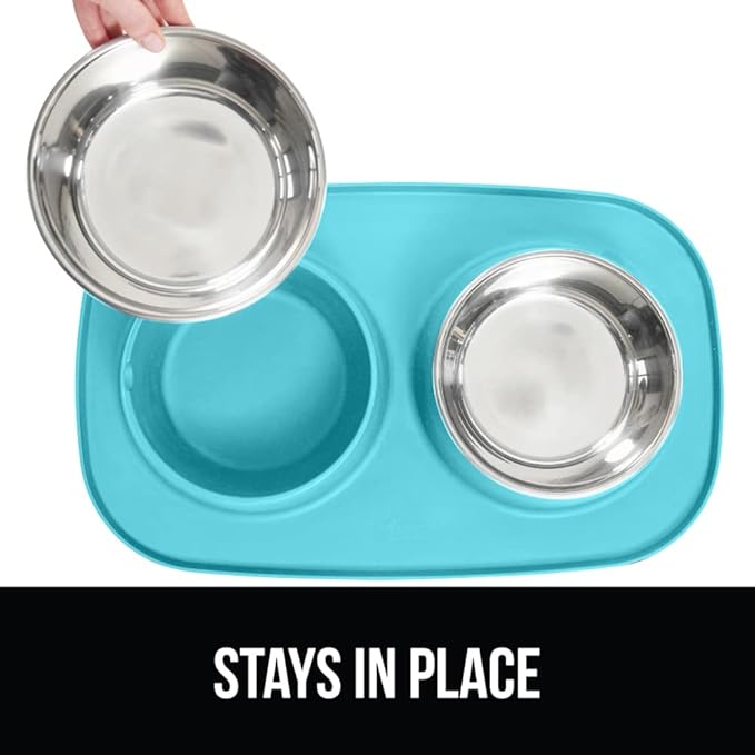 GORILLA GRIP Patent Pending 100% Waterproof BPA Free Cat and Dog Bowls Silicone Feeding Mat Set, Stainless Steel Bowl Slip Resistant Raised Edges, Catch Water, Food, Pet Accessories, 2 Cup, Turquoise