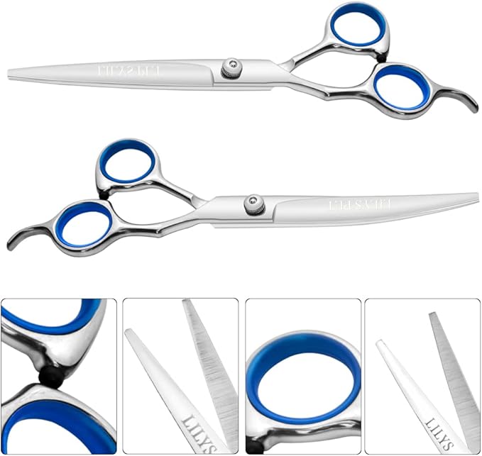 LILYS PET Professional PET DOG Grooming scissors suit,RED ring, Cutting&Curved&Thinning shears (Blue Ring 7.0")