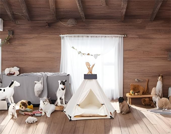 Dog Teepee Bed Cat Tent Portable Houses Pet Puppy with Thick Cushion (M:Size fits 9kg/20lbs (Pets))