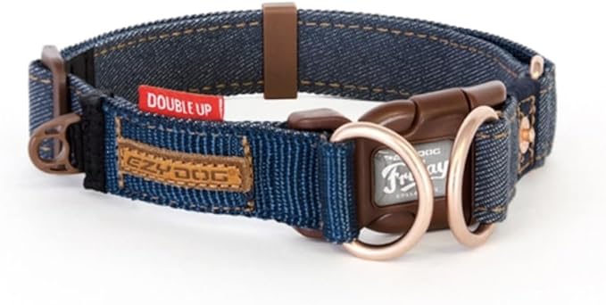 EzyDog Double Up Premium Nylon Dog Collar - Double D-Rings for Superior Strength, Safety, and Comfortability - Non-Rusting and Includes an ID Attachment (X-Large, Denim)