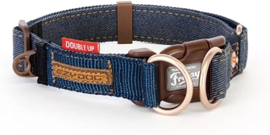 EzyDog Double Up Premium Nylon Dog Collar - Double D-Rings for Superior Strength, Safety, and Comfortability - Non-Rusting and Includes an ID Attachment (X-Large, Denim)