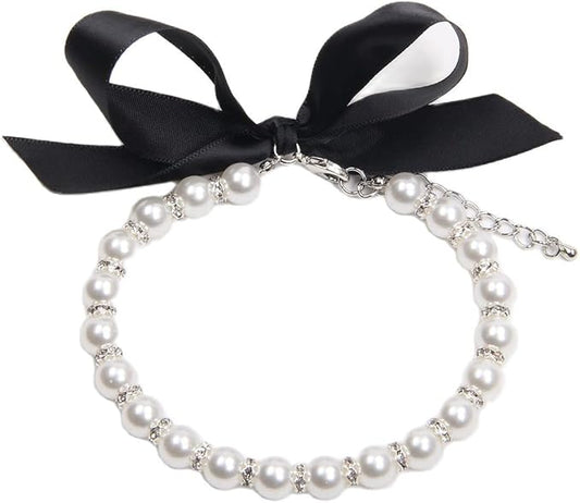Dog Cat Pearls Necklace Collar with Bling Accessories and Ribbon Bow Pet Puppy Jewelry for Female Dogs Cats Small Medium (XL, White)