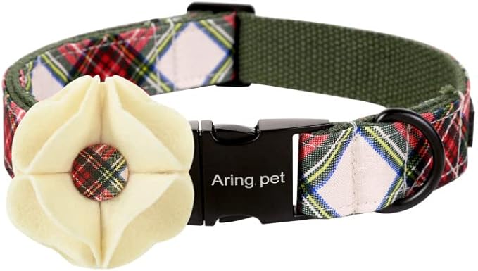 ARING PET Christmas Dog Collar-Plaid Dog Collar with Felt Flowers, Cute Christmas Boy Dog Collars Pet Collars with Metal Buckle