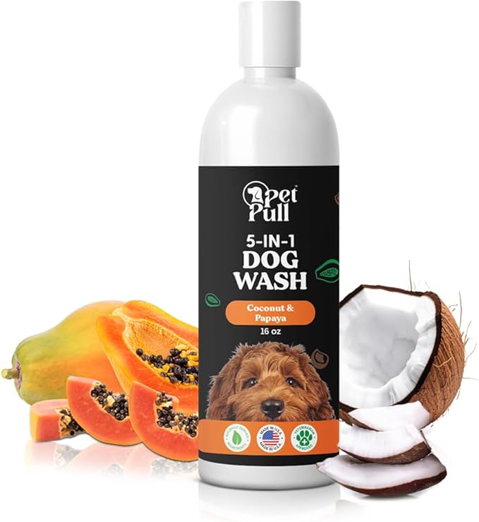 5-in-1 Dog Wash - Plant Based Dog Grooming Supplies for Dogs Cleanses - Skin Care Dog Wash Shampoo - Sulfate Free, All Natural Puppy Wash -Coconut and Papaya Scent -Made in USA (16 Fl Oz)