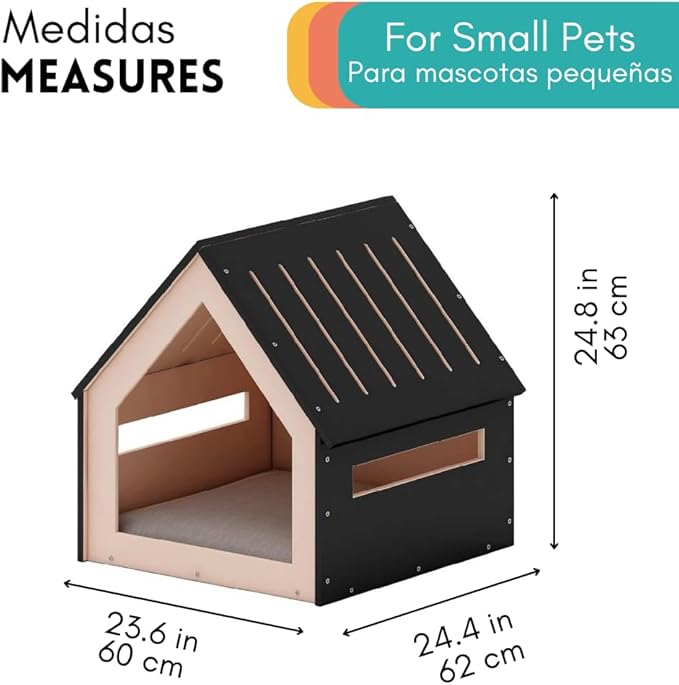 Big House for Pets, Wooden House for Pets for Interiors, Resistant Wood with Cushion for Dog Included, Minimalist, Elegant and Resistant, 24x25x24.5 in, Black