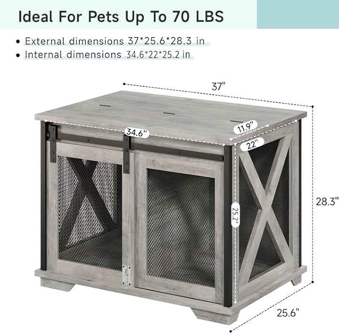 GAOMON Dog Crate Furniture with Slidings Doors，Wooden Dog Kennel End Table with Flip-top Plate for Dogs，Indoor Dog Crate Furniture with Detachable Divider for Medium Dogs, Dog House,Grey