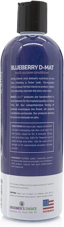 Bark2Basics Blueberry D-Mat Dog Conditioner, 16 oz - Natural Ingredients, Multi-Purpose, Static Eliminating, Loosens Tough Mats and Tangles, Aids in deShedding