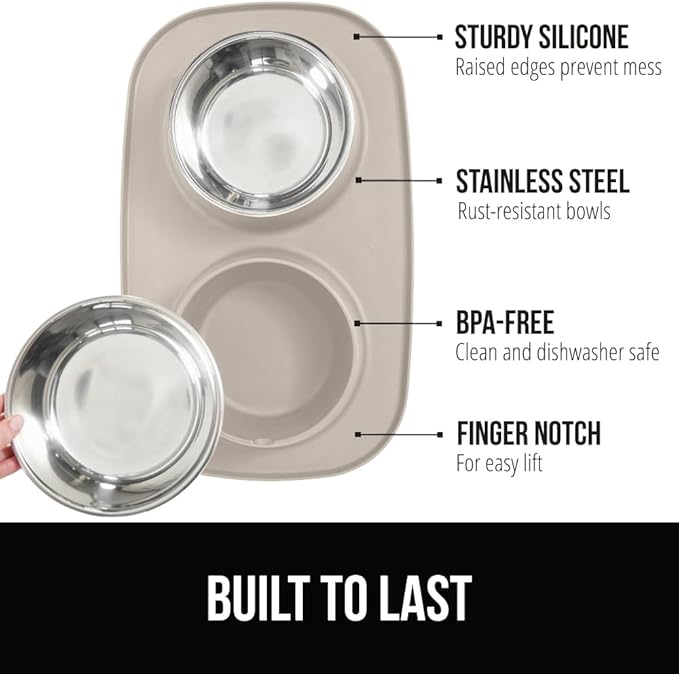 GORILLA GRIP Patent Pending 100% Waterproof BPA Free Cat and Dog Bowls Silicone Feeding Mat Set, Stainless Steel Bowl Slip Resistant Raised Edges, Catch Water, Food, Pet Accessories, 2 Cup, Beige