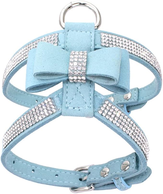 Weimostar Bow Tie Dog Harness Rhinestone Crystal Soft Bling Sparkly Diamond Jewel for XS Small Breed Girls Pet Cat Puppy Female Kitten Light Blue XXS