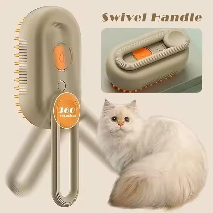 3-in-1 Steam Pet Brush for Cats & Dogs – Self-Cleaning Grooming Comb with Spray Mist, Massage & Shedding, Rechargeable USB, Anti-Static, Foldable Handle (TAN)