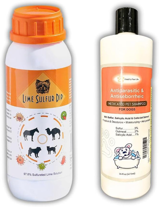 Skin & Coat Care Combo - Lime Sulfur Dip 16 oz + Antiparasitic & Antiseborrheic Dog Shampoo 16 oz
