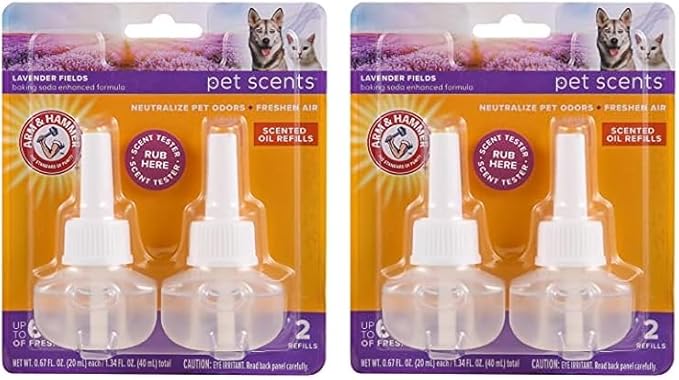 Arm & Hammer For Pets Scents Plug-in Scented Oil Refills in Lavender Fields, 4-Pack | Home Deodorizer For Pet Smells | Room Deodorizer for Homes with Pets, 0.67 Fl Oz x 2