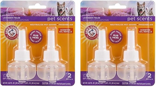 Arm & Hammer For Pets Scents Plug-in Scented Oil Refills in Lavender Fields, 4-Pack | Home Deodorizer For Pet Smells | Room Deodorizer for Homes with Pets, 0.67 Fl Oz x 2