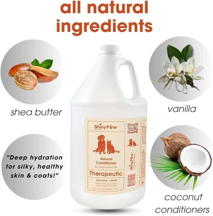 Dog Conditioner for Allergies and Itching 128 oz | Shiny Paw Shea Butter & Vanilla Conditioner for Dogs & Cats | Dog Matted Hair Detangler | Made in The USA