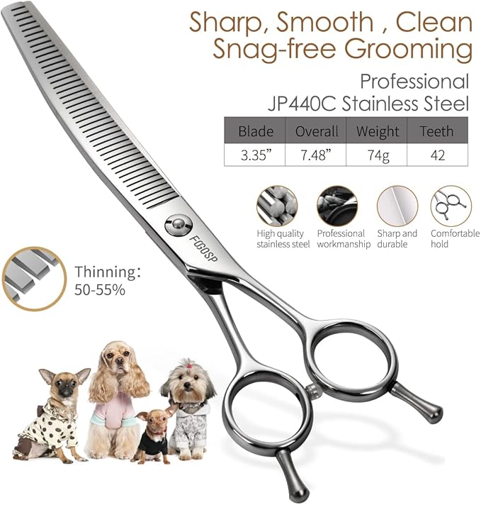 Curved Thinning Shears 7'' Fluffers Scissors Professional Grooming Shears for Dogs Japan 440C 50% Thinning Rate 42 Teeth (Polish)