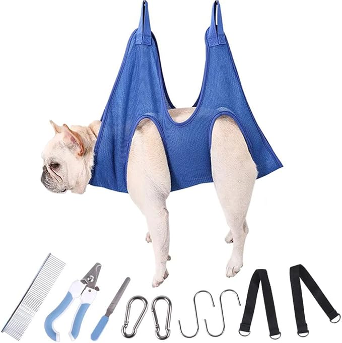 Pet Dog Grooming Hammock Harness with Two Heavy Duty Stainless Clips, Nail Clippers, Nail Trimmers, Scissors with Grooming Sling Harness for Nail Trimming Clipping (Small/Under 45lb, Blue)
