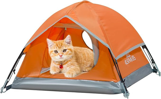 Outdoor Waterproof Pet Camping Tent, Cave Bed for Indoor Cats and Small Dogs, Portable Cat House Dog House, 21.6x21.6x14.9'', Orange, S.